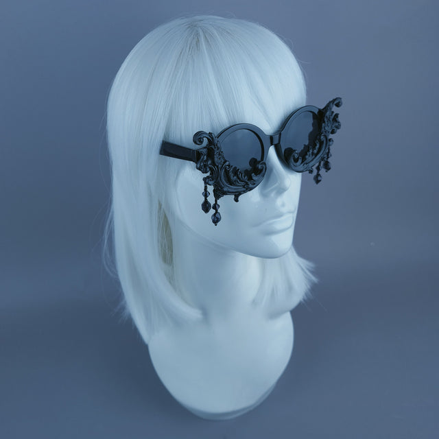 "Dracul" Small Black Filigree & Beading Round Sunglasses