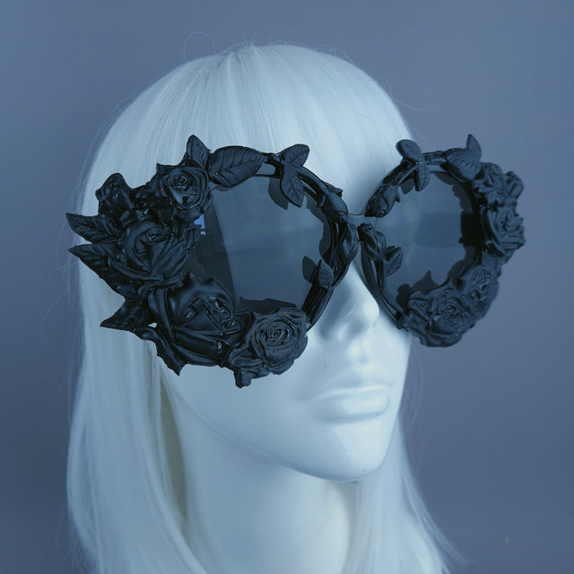 "Briar" Black Roses Oversized Round Sunglasses