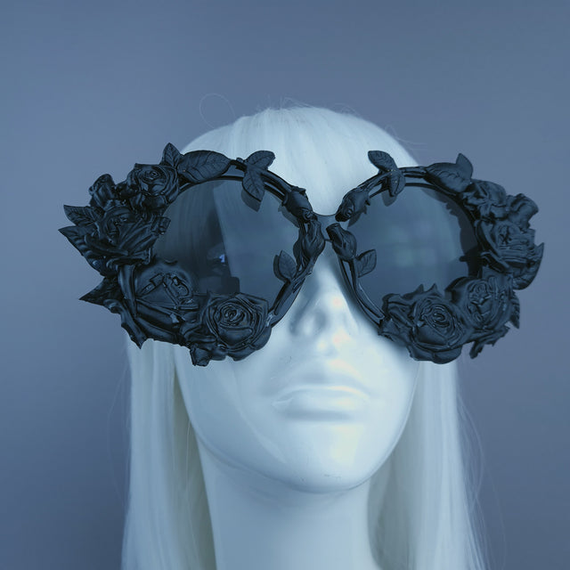 "Briar" Black Roses Oversized Round Sunglasses