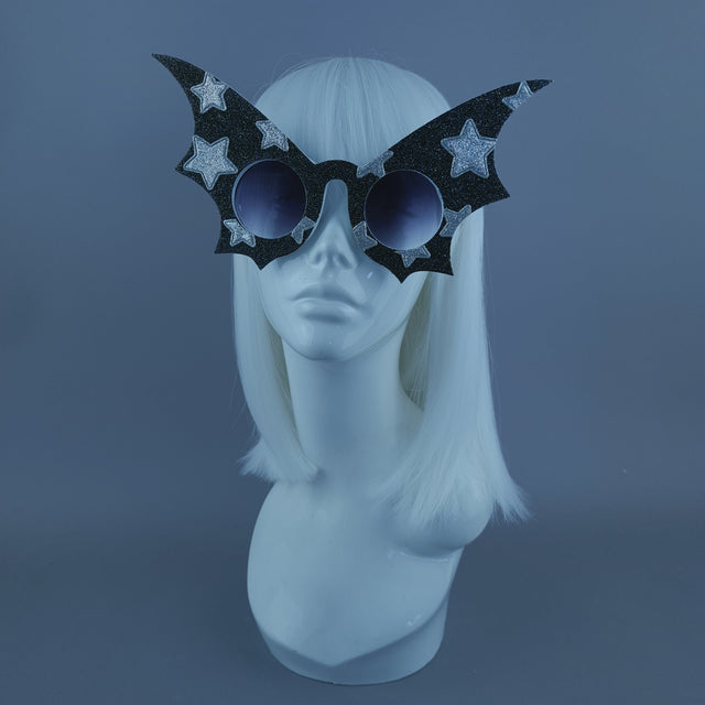 "Starry Night Flier" Black Glitter Star Bat Wing Sunglasses