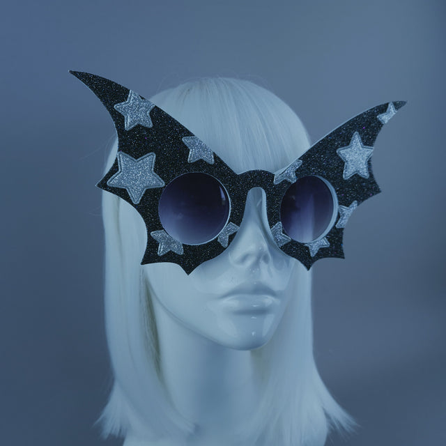 "Starry Night Flier" Black Glitter Star Bat Wing Sunglasses