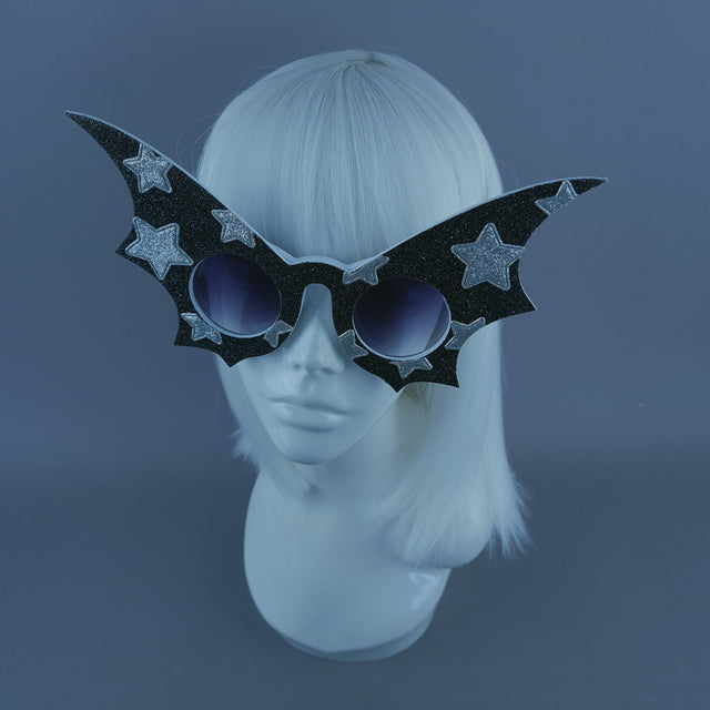 "Starry Night Flier" Black Glitter Star Bat Wing Sunglasses