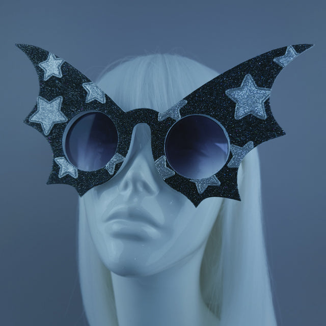 "Starry Night Flier" Black Glitter Star Bat Wing Sunglasses