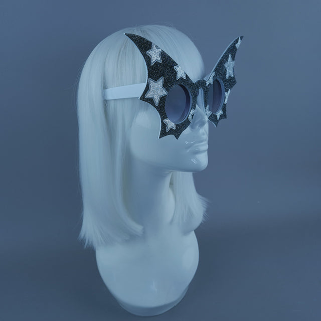 "Starry Night Flier" Black Glitter Star Bat Wing Sunglasses