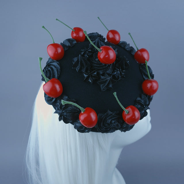 "Réglisse" Black Kitsch Goth Cherry Cake Food Fascinator Hat