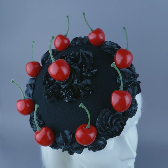 "Réglisse" Black Kitsch Goth Cherry Cake Food Fascinator Hat
