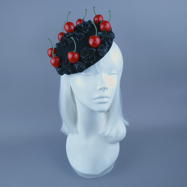 "Réglisse" Black Kitsch Goth Cherry Cake Food Fascinator Hat