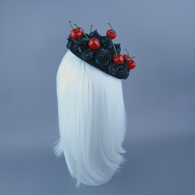 "Réglisse" Black Kitsch Goth Cherry Cake Food Fascinator Hat