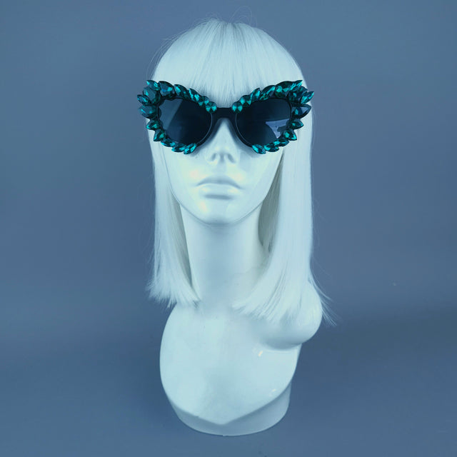 Green Diamante Jewel Cats Eye Sunglasses