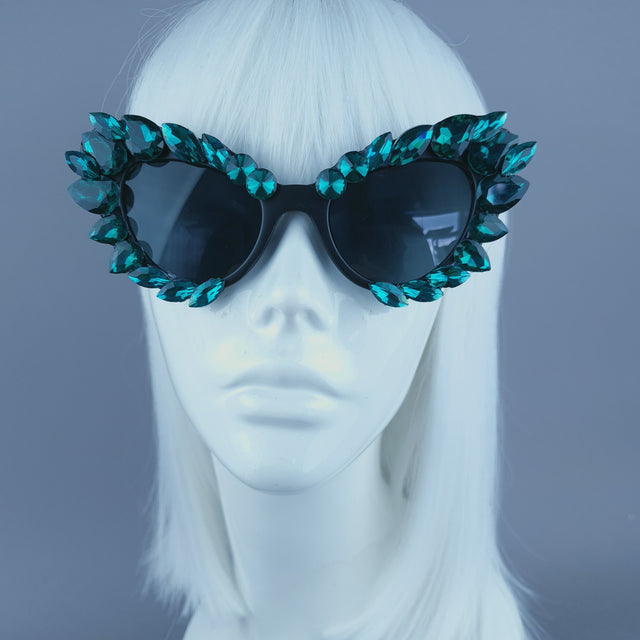 Green Diamante Jewel Cats Eye Sunglasses