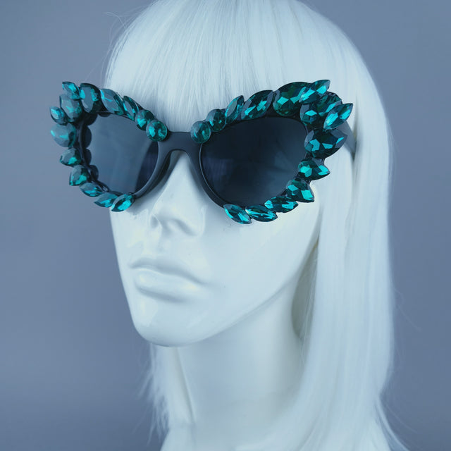 Green Diamante Jewel Cats Eye Sunglasses