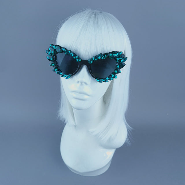 Green Diamante Jewel Cats Eye Sunglasses