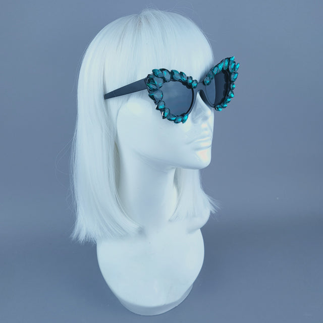 Green Diamante Jewel Cats Eye Sunglasses