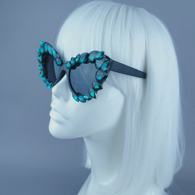 Green Diamante Jewel Cats Eye Sunglasses