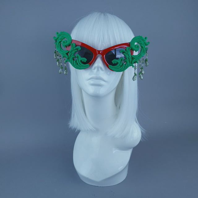 "Serilda" Green & Red Filigree Beading Catseye Sunglasses
