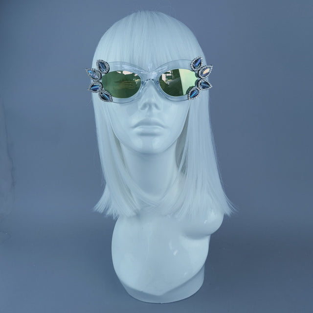 Diamante Jewel Mirror Lenses Cats Eye Sunglasses