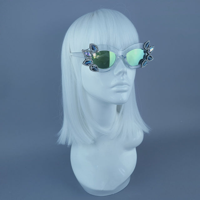Diamante Jewel Mirror Lenses Cats Eye Sunglasses