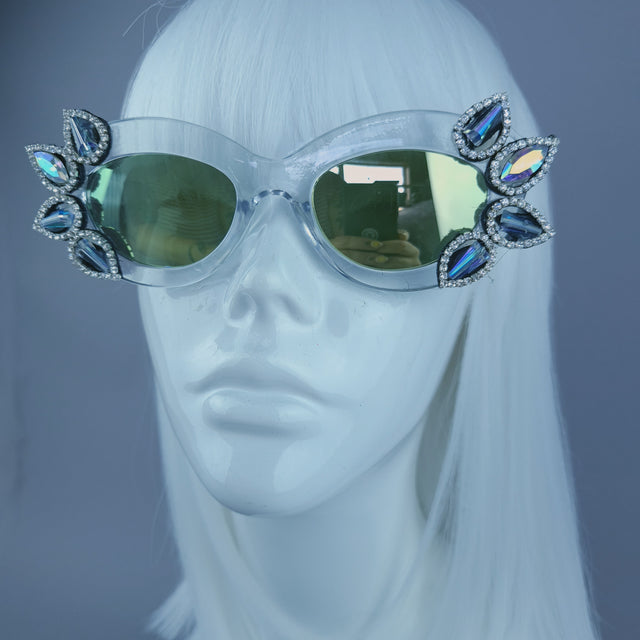 Diamante Jewel Mirror Lenses Cats Eye Sunglasses