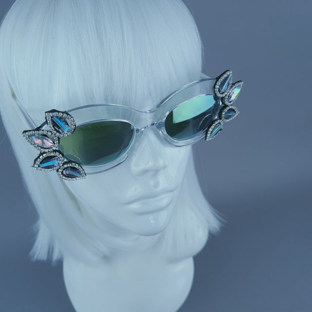 Diamante Jewel Mirror Lenses Cats Eye Sunglasses