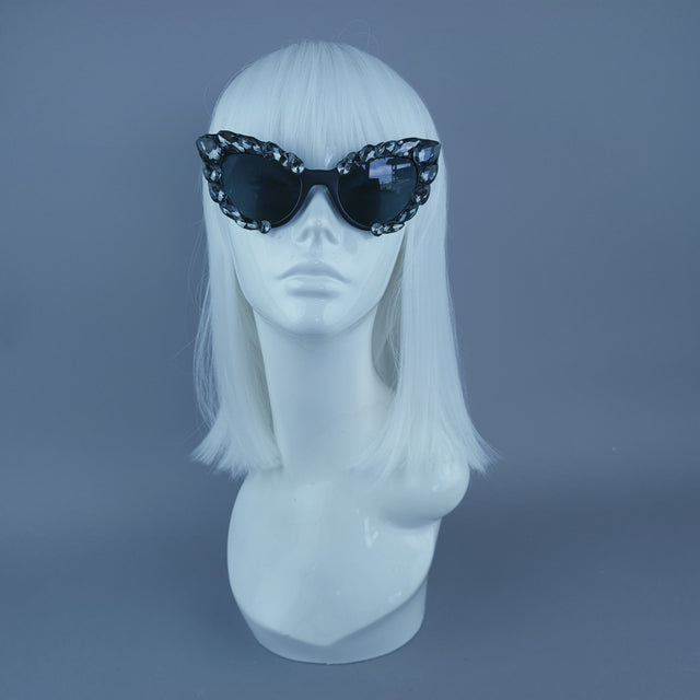 Black/Grey Diamante Jewel Cats Eye Sunglasses