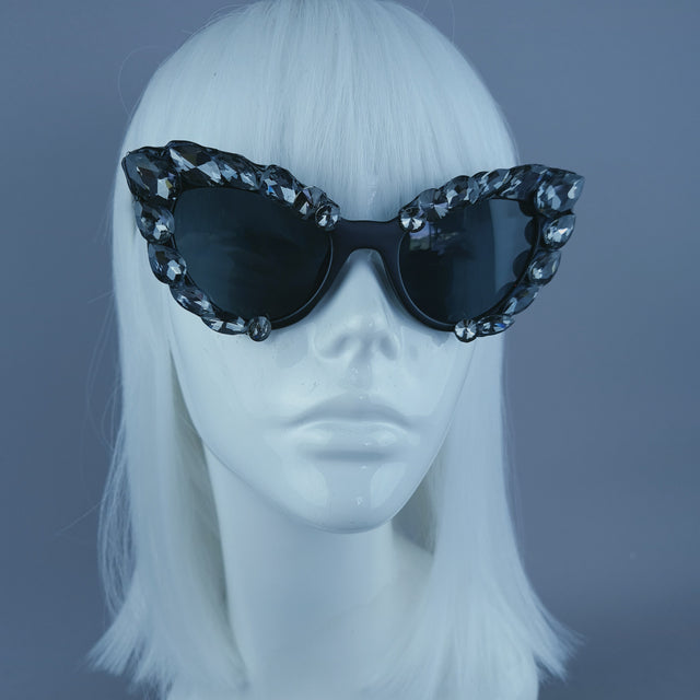 Black/Grey Diamante Jewel Cats Eye Sunglasses