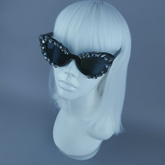 Black/Grey Diamante Jewel Cats Eye Sunglasses