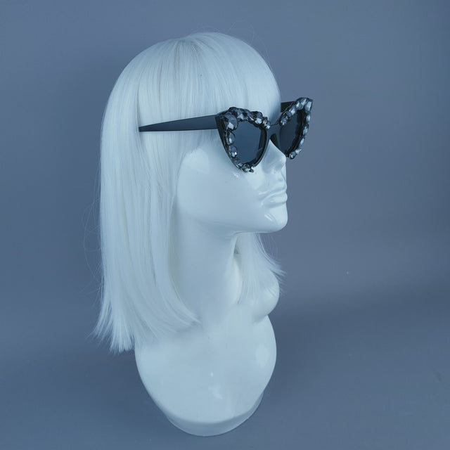 Black/Grey Diamante Jewel Cats Eye Sunglasses