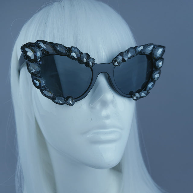 Black/Grey Diamante Jewel Cats Eye Sunglasses