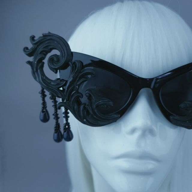 "Serilda" Black Filigree Beading Catseye Sunglasses