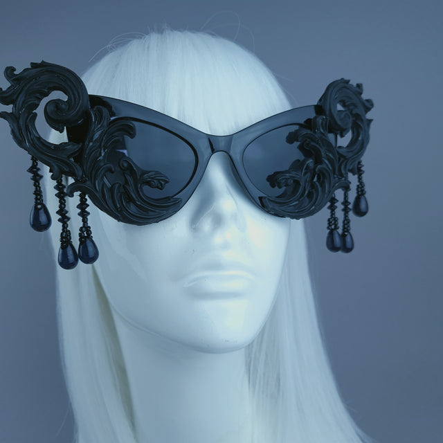 "Serilda" Black Filigree Beading Catseye Sunglasses