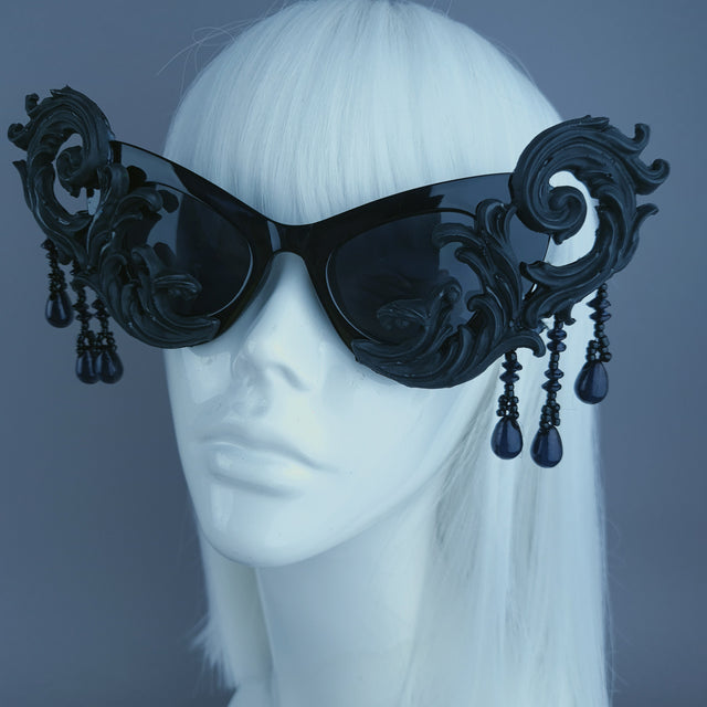 "Serilda" Black Filigree Beading Catseye Sunglasses