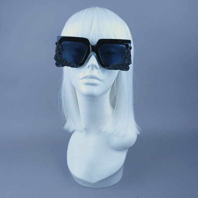 "Rapture" Black Filigree Unisex Square Sunglasses