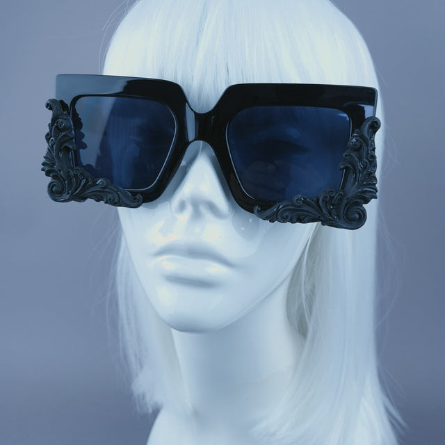 "Rapture" Black Filigree Unisex Square Sunglasses