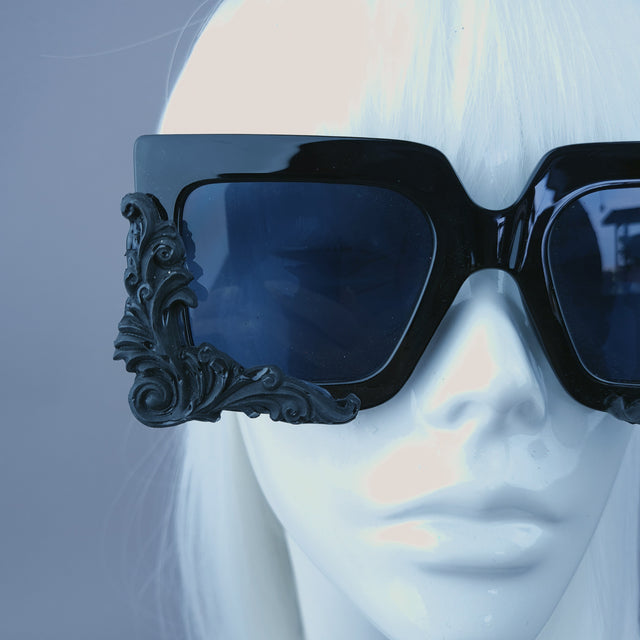 "Rapture" Black Filigree Unisex Square Sunglasses