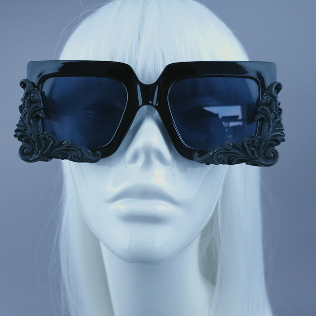 "Rapture" Black Filigree Unisex Square Sunglasses