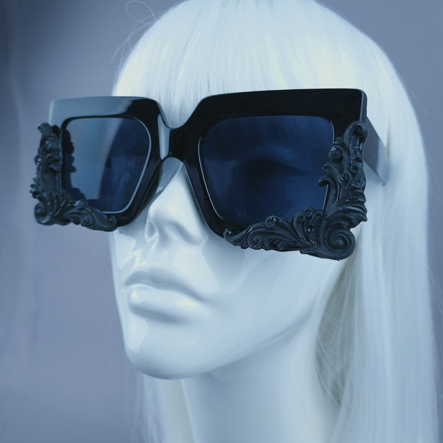 "Rapture" Black Filigree Unisex Square Sunglasses