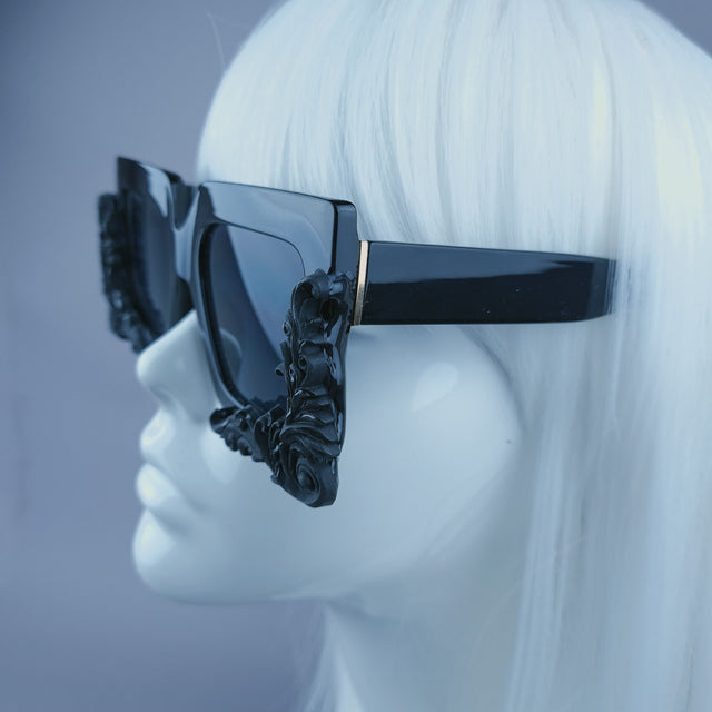 "Rapture" Black Filigree Unisex Square Sunglasses