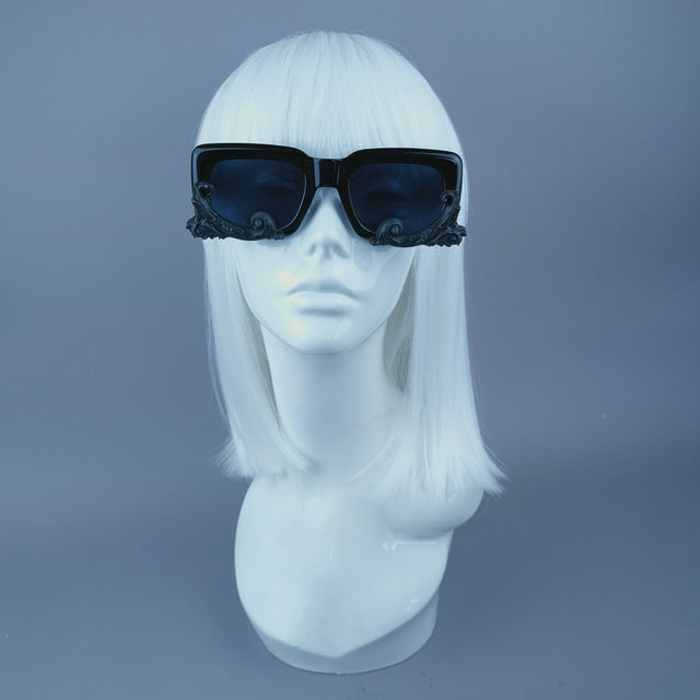 "Damienne" Black Filigree Unisex Square Sunglasses