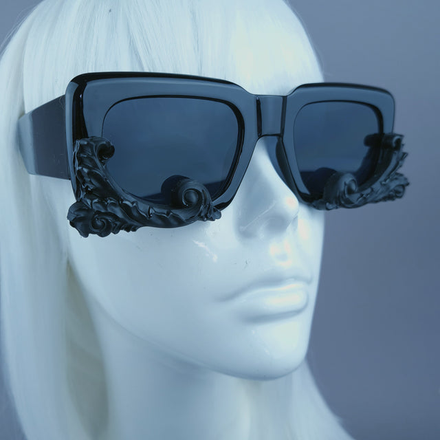 "Damienne" Black Filigree Unisex Square Sunglasses