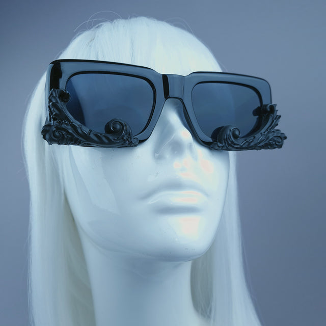 "Damienne" Black Filigree Unisex Square Sunglasses