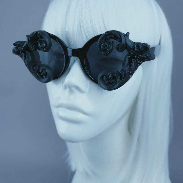 "Zubair" Small Black Filigree Round Sunglasses