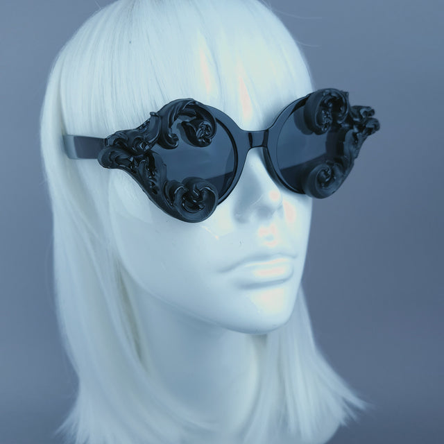 "Zubair" Small Black Filigree Round Sunglasses