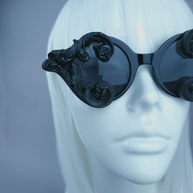 "Zubair" Small Black Filigree Round Sunglasses