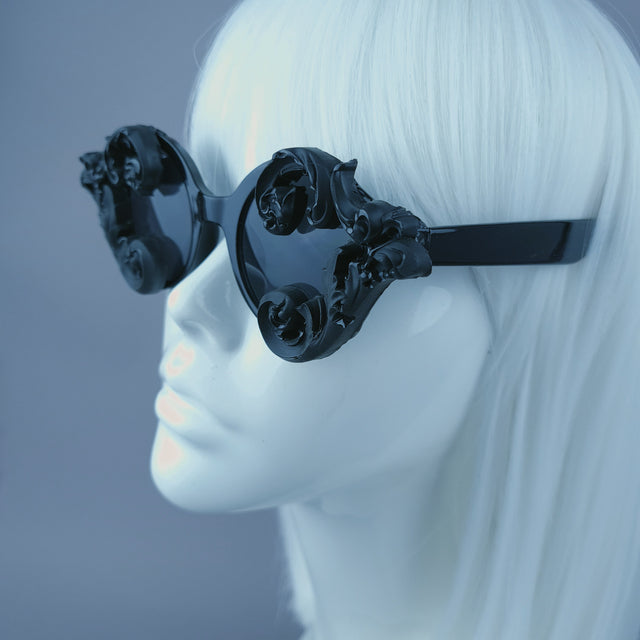 "Zubair" Small Black Filigree Round Sunglasses