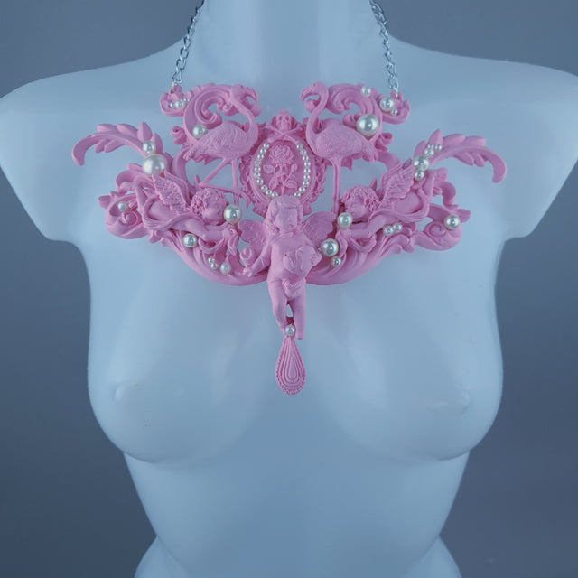 "Koibito" Pink Flamingo, Cherub, Filigree Pearl Neckpiece