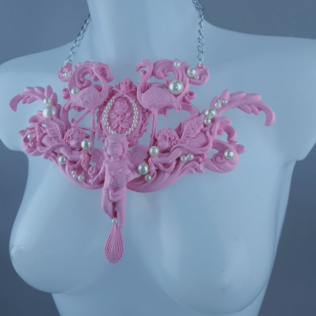 "Koibito" Pink Flamingo, Cherub, Filigree Pearl Neckpiece