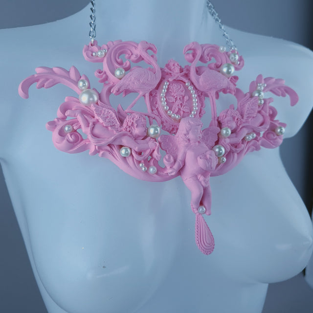 "Koibito" Pink Flamingo, Cherub, Filigree Pearl Neckpiece