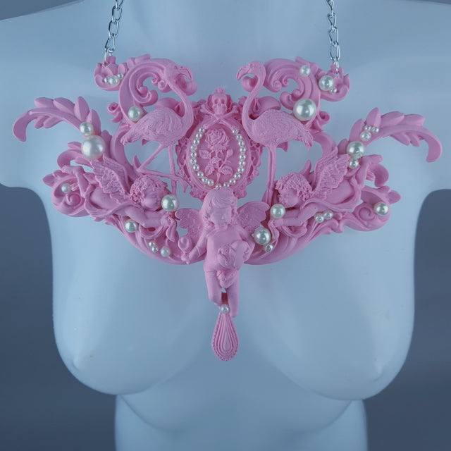 "Koibito" Pink Flamingo, Cherub, Filigree Pearl Neckpiece