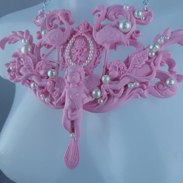 "Koibito" Pink Flamingo, Cherub, Filigree Pearl Neckpiece