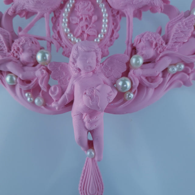 "Koibito" Pink Flamingo, Cherub, Filigree Pearl Neckpiece